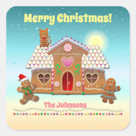 屋根カラフルに猫が付いたギンガパンの家 スクエアシール