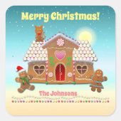 屋根カラフルに猫が付いたギンガパンの家 スクエアシール (正面)