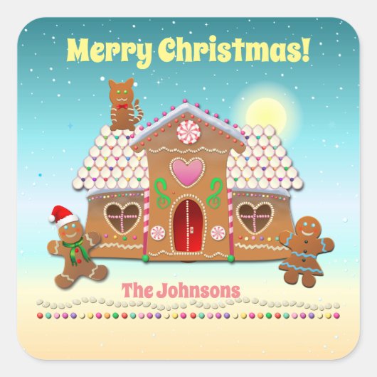 屋根カラフルに猫が付いたギンガパンの家 スクエアシール (正面)