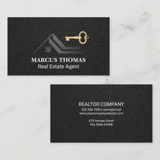 屋根スケルトン鍵ロゴ | 黒い革の背景 予約カード (正面/裏面)