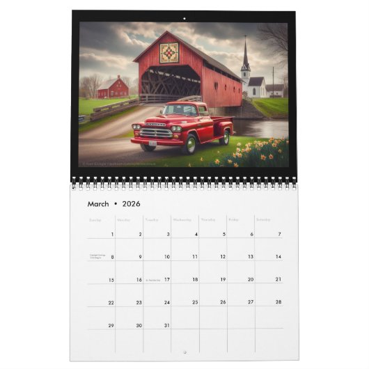屋根付きの橋、教会、小さな赤いトラック カレンダー (3月 2026)