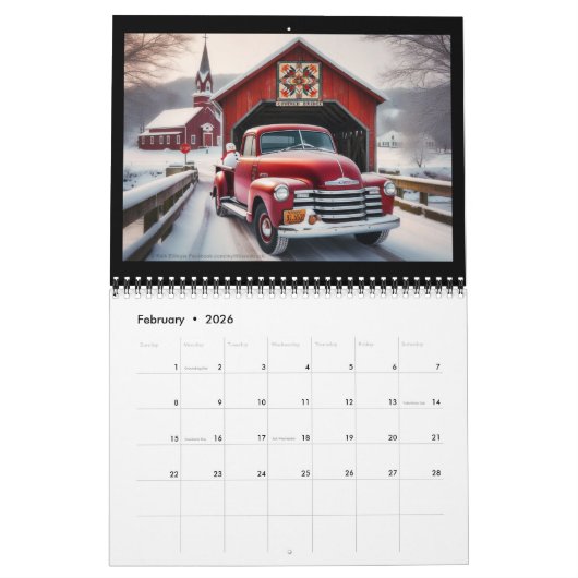 屋根付きの橋、教会、小さな赤いトラック カレンダー (2月 2026)