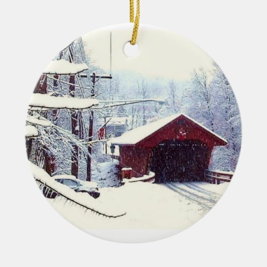 屋根付橋のオーナメントの冬 セラミックオーナメント (正面)