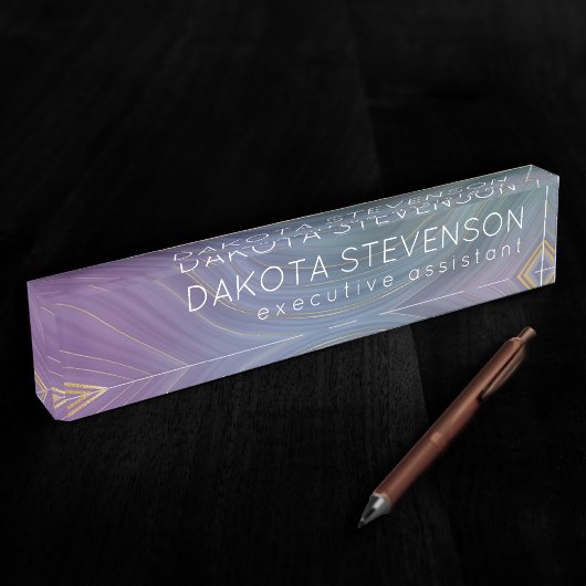 層カッコいい |美しいブルーパープルと金ゴールド瑪瑙 デスクネームプレート