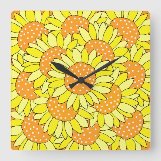 層状の手描きイエローオレンジヒマワリ スクエア壁時計 (正面)