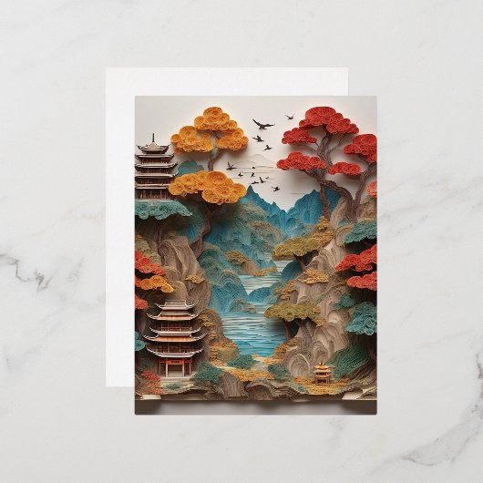 層状の紙中国の崖の風景はビーだ 箔シーズンポストカード (正面/裏面)