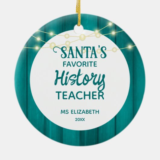 履歴先生ティール(緑がかった色)ウッドグレインクリスマス セラミックオーナメント (裏面)
