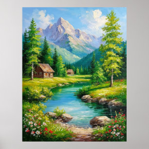 山々と川の風景 ポスター