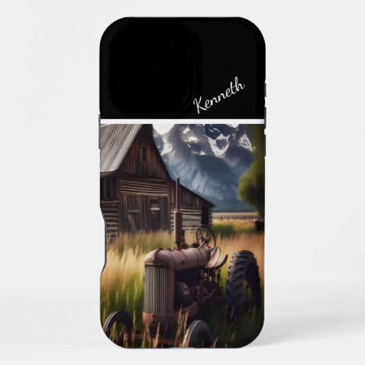 山々の麓のレトロなトラクター iPhoneケース (裏面)