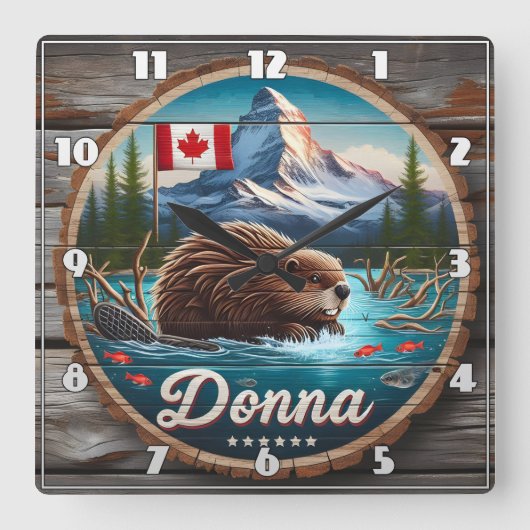 山々を持つ森林の池にカナダのビーバー スクエア壁時計 (正面)