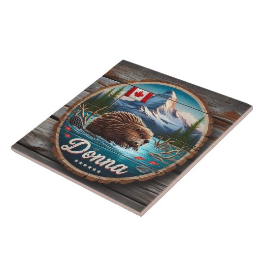 山々を持つ森林の池にカナダのビーバー タイル (側面)