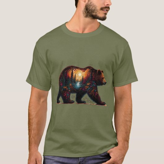 山々を背景にしたグリズリーのシルエット Tシャツ (正面)