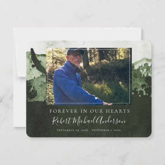 山々永遠に私たちのハート写真葬儀 サンキューカード (正面)