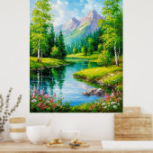 山々、川の風景と鮮やかな風景 ポスター (キッチン)