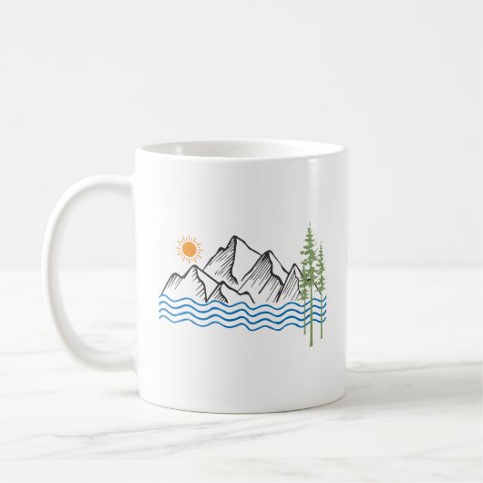 山でのハイキングとキャンプのグラフィック コーヒーマグカップ (左)