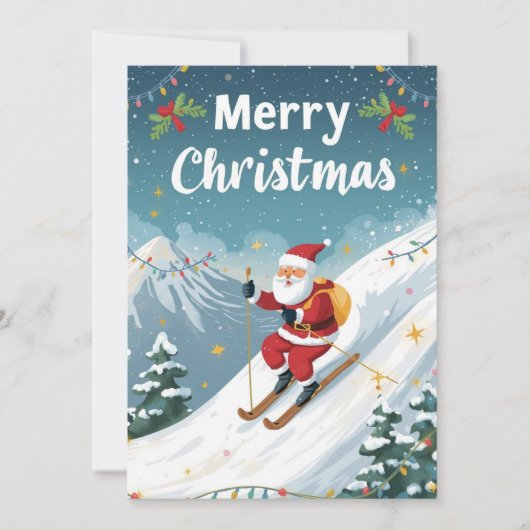 山でサンタクロースがスキーをするクリスマス シーズンカード (正面)