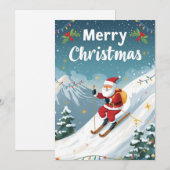 山でサンタクロースがスキーをするクリスマス シーズンカード (正面/裏面)