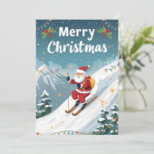 山でサンタクロースがスキーをするクリスマス シーズンカード (スタンド正面)