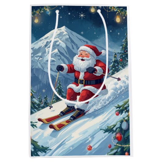 山でサンタクロースがスキーをするクリスマス ミディアムペーパーバッグ (正面)