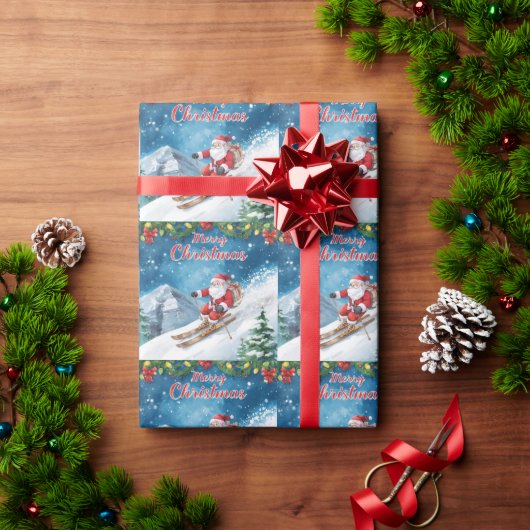山でサンタクロースがスキーをするクリスマス ラッピングペーパー (クリスマスギフト)