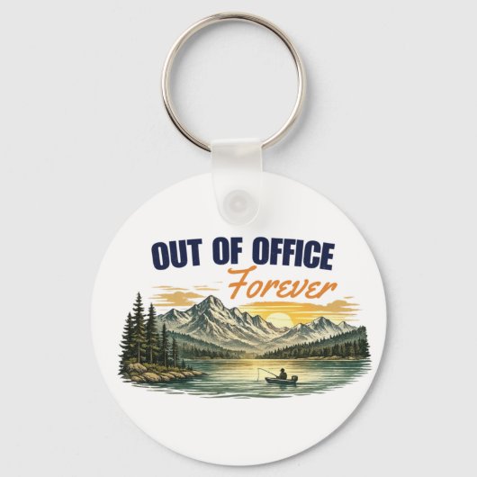山で釣りをするOut+of+Office Foreverデザイン キーホルダー (正面)