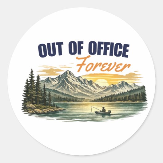 山で釣りをするOut+of+Office Foreverデザイン ラウンドシール (正面)
