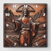 山で開いた腕を持つイエス スクエア壁時計 (正面)