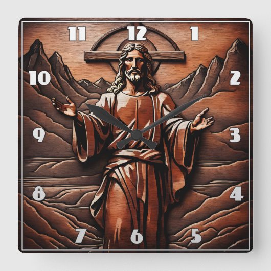 山で開いた腕を持つイエス スクエア壁時計 (正面)