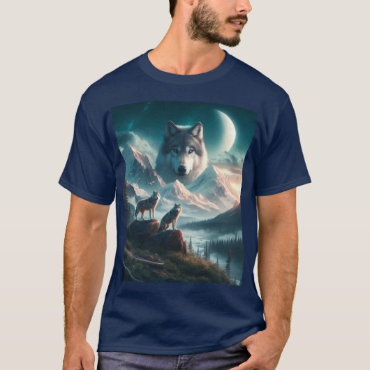 山とともにたそがれる灰色のオオカミ Tシャツ (正面)