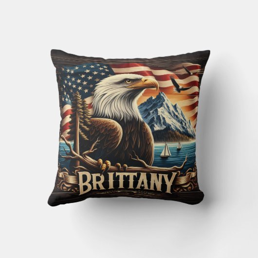 山とアメリカ国旗に突き刺されたハゲのワシ クッション (裏面)