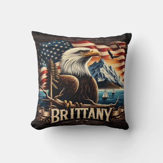 山とアメリカ国旗に突き刺されたハゲのワシ クッション (正面)