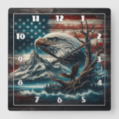 山とアメリカ国旗に突き刺されたハゲのワシ スクエア壁時計 (正面)