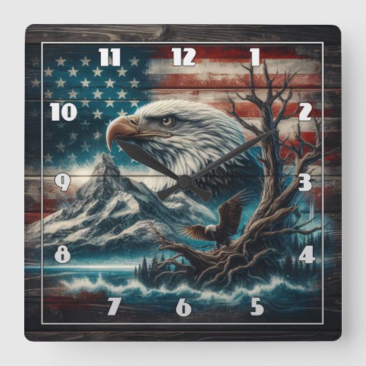山とアメリカ国旗に突き刺されたハゲのワシ スクエア壁時計 (正面)