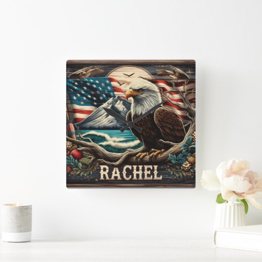 山とアメリカ国旗に突き当たったハゲのワシ スクエア壁時計 (ホーム)