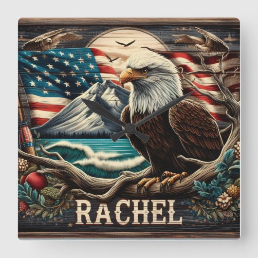 山とアメリカ国旗に突き当たったハゲのワシ スクエア壁時計 (正面)