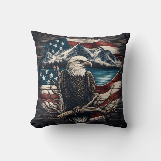 山とアメリカ国旗の上のイーグルのエンブレム クッション (正面)