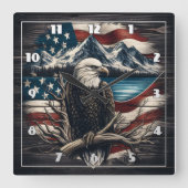 山とアメリカ国旗の上のイーグルのエンブレム スクエア壁時計 (正面)