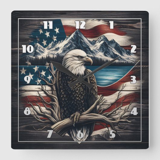 山とアメリカ国旗の上のイーグルのエンブレム スクエア壁時計 (正面)