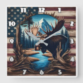 山とアメリカ国旗の前のムース スクエア壁時計 (正面)