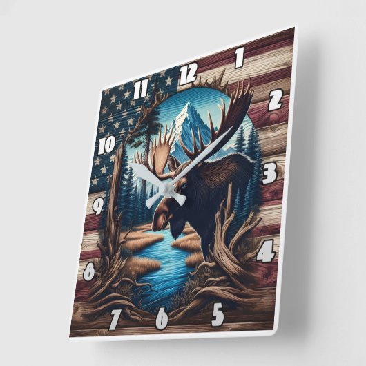 山とアメリカ国旗の前のムース スクエア壁時計 (傾斜)