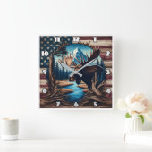 山とアメリカ国旗の前のムース スクエア壁時計 (ホーム)