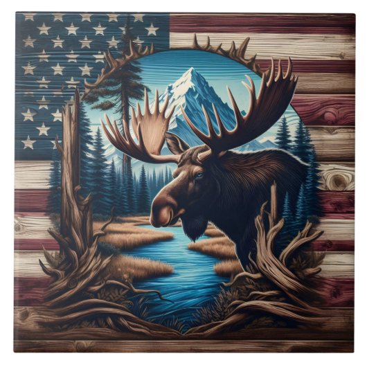 山とアメリカ国旗の前のムース タイル (正面)