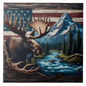 山とアメリカ国旗の前のムース タイル (正面)