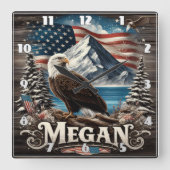 山とアメリカ国旗を持つワシ スクエア壁時計 (正面)