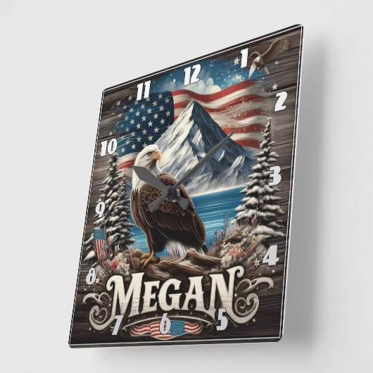 山とアメリカ国旗を持つワシ スクエア壁時計 (傾斜)