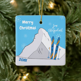 山とスキーのお土産クリスマスオーナメント セラミックオーナメント