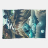 山とテントが美しいキャンピングシーン キッチンタオル (横)