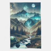 山とテントが美しいキャンピングシーン キッチンタオル (縦)