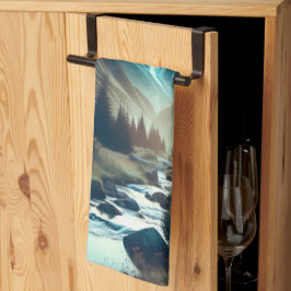 山とテントが美しいキャンピングシーン キッチンタオル