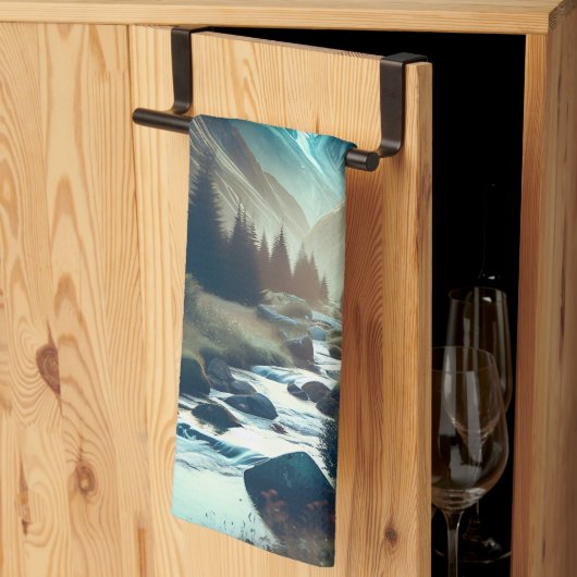 山とテントが美しいキャンピングシーン キッチンタオル (三つ折り)